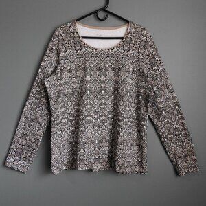 2/$13 Kim Rogers Women's Crew Neck Long Sleeve Top Black Tan Abstract - Large